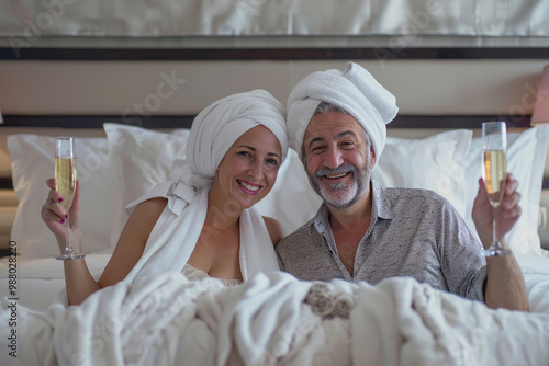 Two happy elderly women relaxing with champagne in bed – perfect for retirement, spa days, and joyful moments