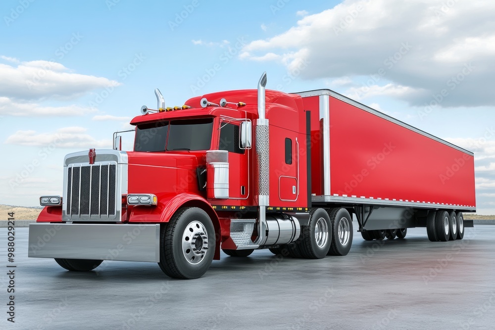 A gleaming big red semi tractor trailer parked under a wide blue sky ready for the next haul across highways