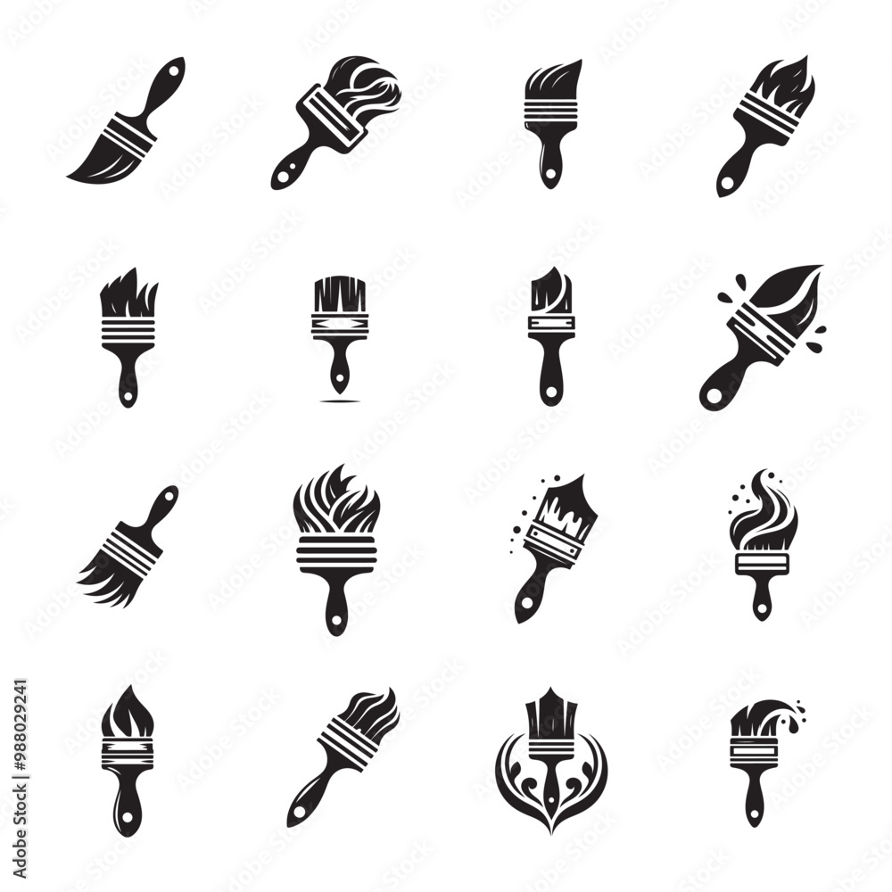 Collection of Creative Fluid Paint Brush Icons, Featuring Silhouettes with Curved and Fluid Shapes, Perfect for Logos and Branding, Isolated on White Background, Artistic and Modern Designs.
