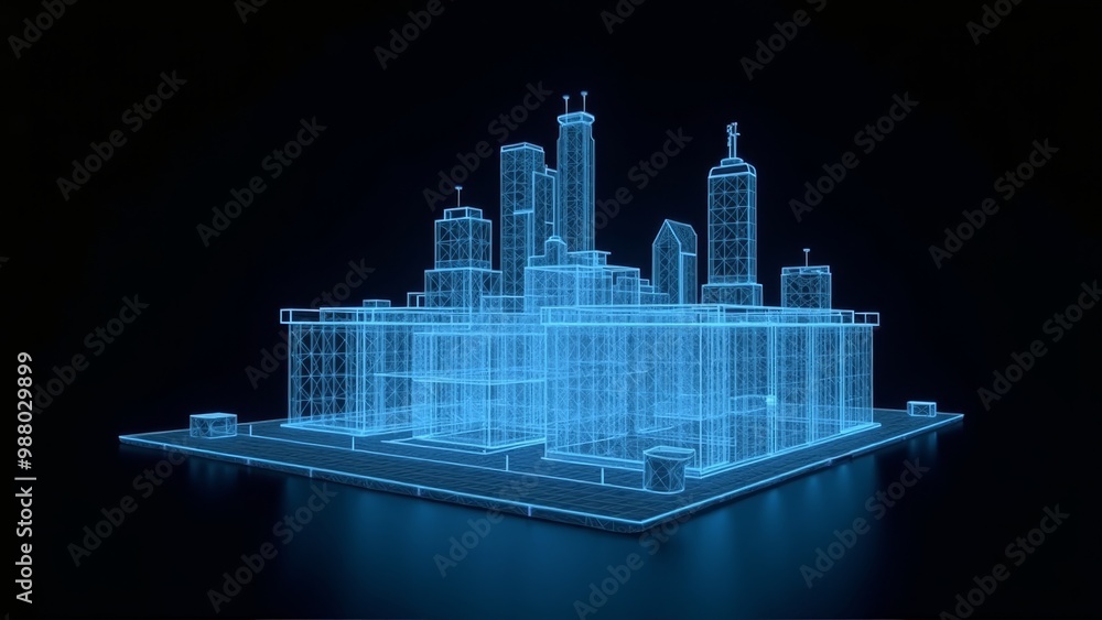 Architectural hologram with neon blue stripes isolated on black background Architectural hologram with neon blue stripes isolated on black background