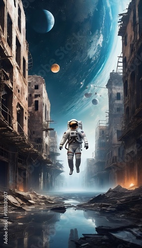 painting illustration city floating abandoned space mysterious astronaut  acrylic art artistic artwork illustration oil painting painting watercolor astronaut atmosphere astronaut dark fiction