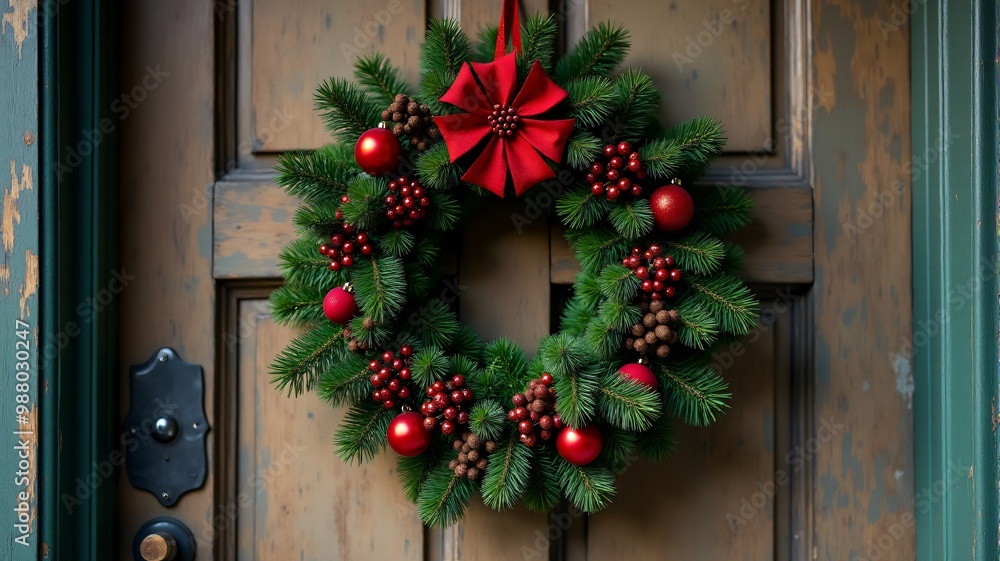 Christmas Wreath on a Rustic Wooden Door, A beautifully decorated Christmas wreath hanging on an old wooden door in the background, with copy space for text. Christmas Wreath on a Rustic Wooden Door, A beautifully decorated Christmas wreath hanging on an old wooden door in the background, with copy space for text.