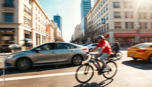 Man riding a bicycle in the city square photo