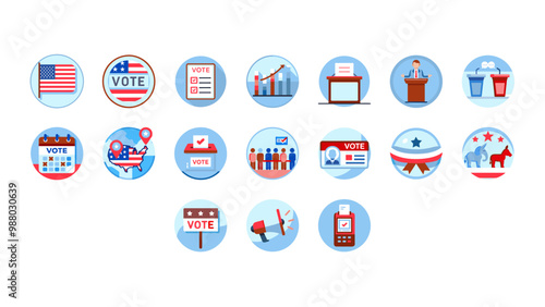 Election-themed icons set featuring various elements of the voting process in the USA, including ballots, voter ID, American flag, candidates, and voting statistics