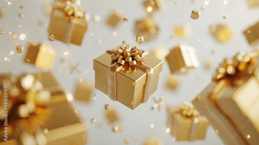 Flying gold gifts boxes on a white background – perfect for luxury themes, celebrations, and gift-giving Flying gold gifts boxes on a white background – perfect for luxury themes, celebrations, and gift-giving