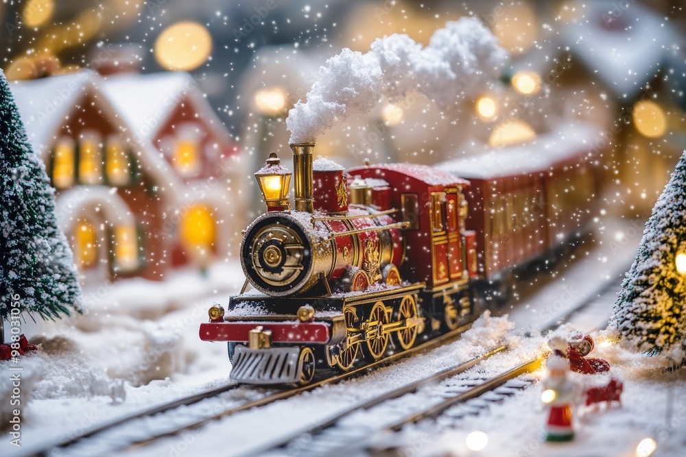 A charming Christmas train travels through a snowy Santa village, spreading holiday cheer in a winter wonderland A charming Christmas train travels through a snowy Santa village, spreading holiday cheer in a winter wonderland