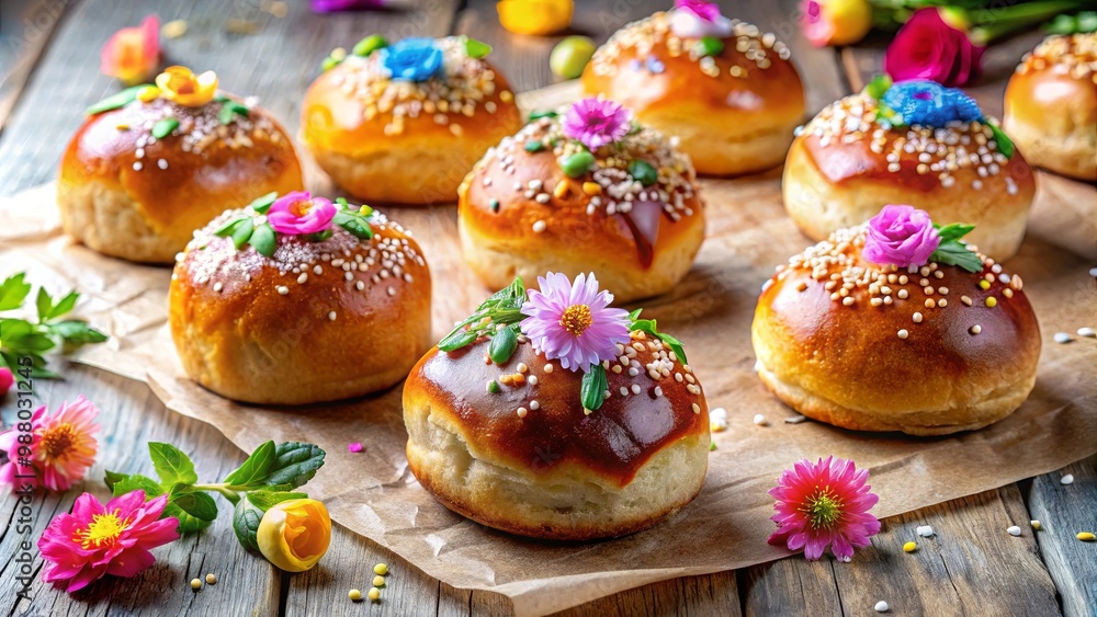 Sprinkled buns on paper with vibrant flowers in a whimsical bakery setting Sprinkled buns on paper with vibrant flowers in a whimsical bakery setting
