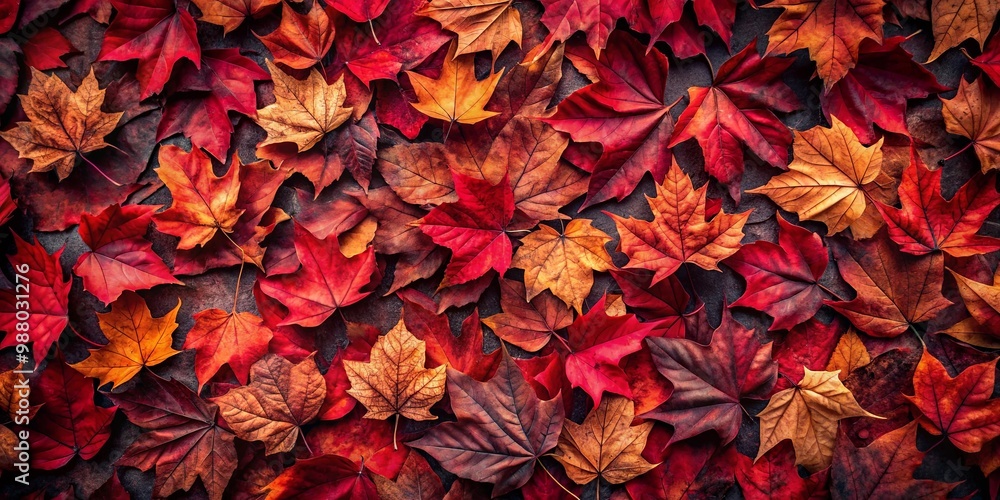Fototapeta premium Red and black leaves covering bed with fallen leaves on top for autumn theme