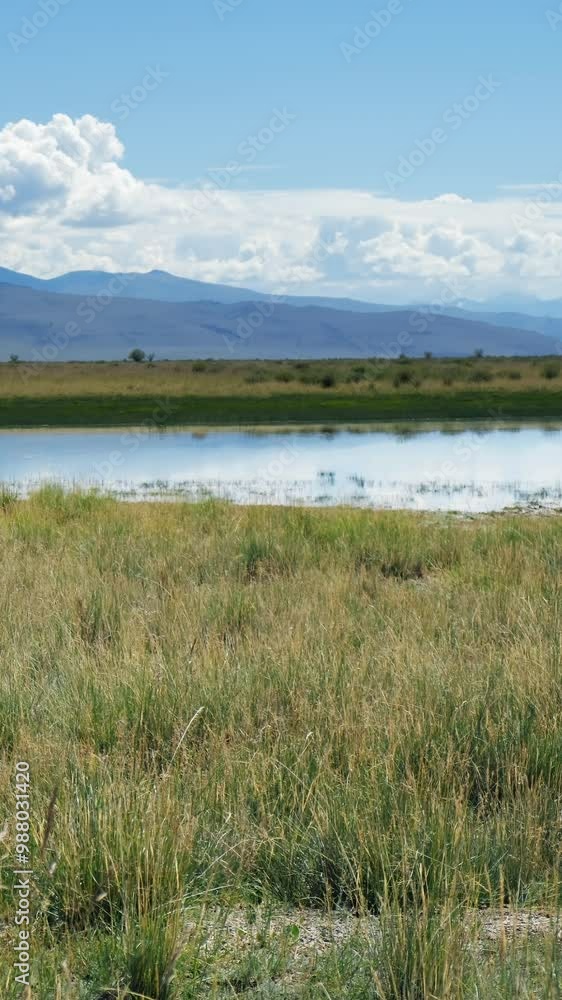 Vertical video of Altai landscape in the Chuya steppe with small lake and mountains Vertical video of Altai landscape in the Chuya steppe with small lake and mountains
