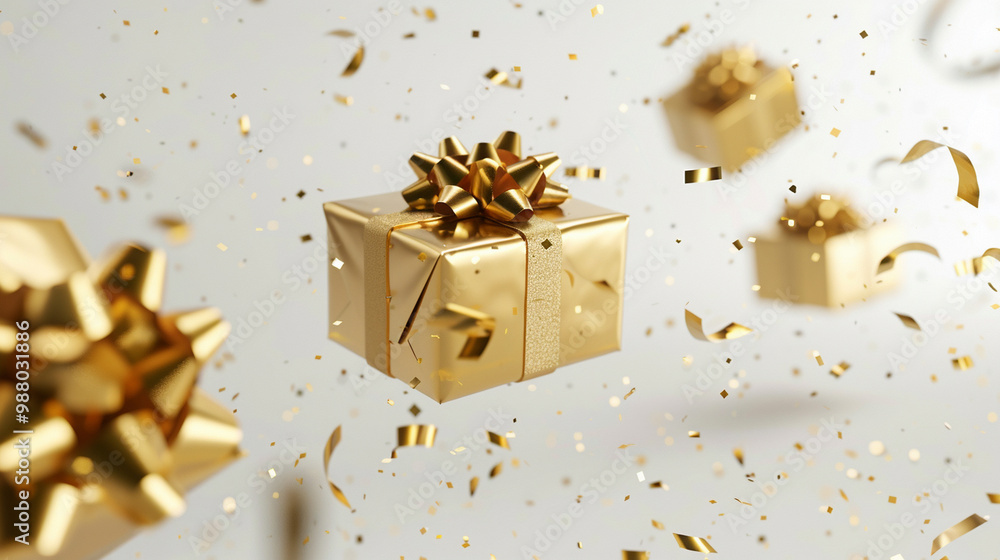 Flying gold gifts on a white background – perfect for luxury themes, celebrations, and gift-giving Flying gold gifts on a white background – perfect for luxury themes, celebrations, and gift-giving