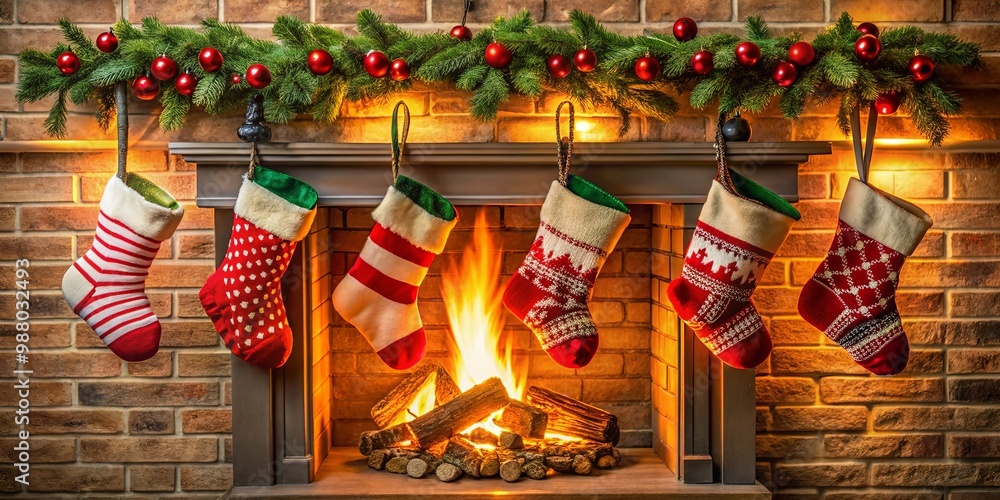 Fototapeta premium Cozy fireplace with festive Christmas stockings hanging on mantle for holiday decor