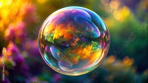 Beautiful soap bubble with multiple floating bubbles on its iridescent surface