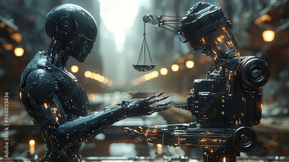 Two robots, one holding scales of justice, face each other in a futuristic cityscape. Two robots, one holding scales of justice, face each other in a futuristic cityscape.