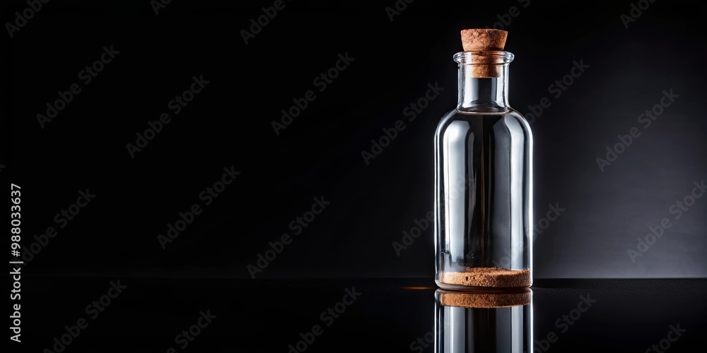 Naklejka premium Glass bottle with cork and reflection on black background for stock photography