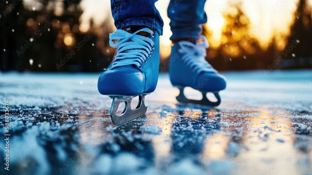 A close-up of blue ice skates gliding on a frozen lake during sunset, capturing the essence of winter sports and outdoor fun. A close-up of blue ice skates gliding on a frozen lake during sunset, capturing the essence of winter sports and outdoor fun.