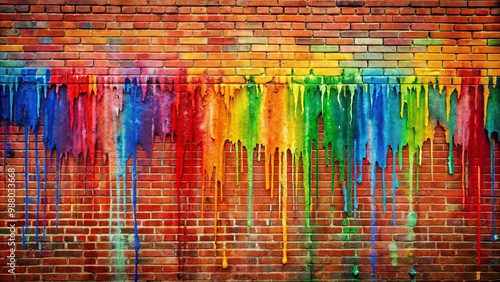 Vibrant mural on red brick wall with paint trickling down sides backdrop