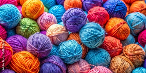 Colorful yarn balls in shades of blue, orange, pink, and purple piled together for crafts