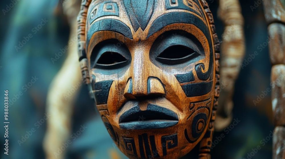 Close-up of a traditional wooden mask with intricate carvings and a dark blue and brown paint design. Close-up of a traditional wooden mask with intricate carvings and a dark blue and brown paint design.