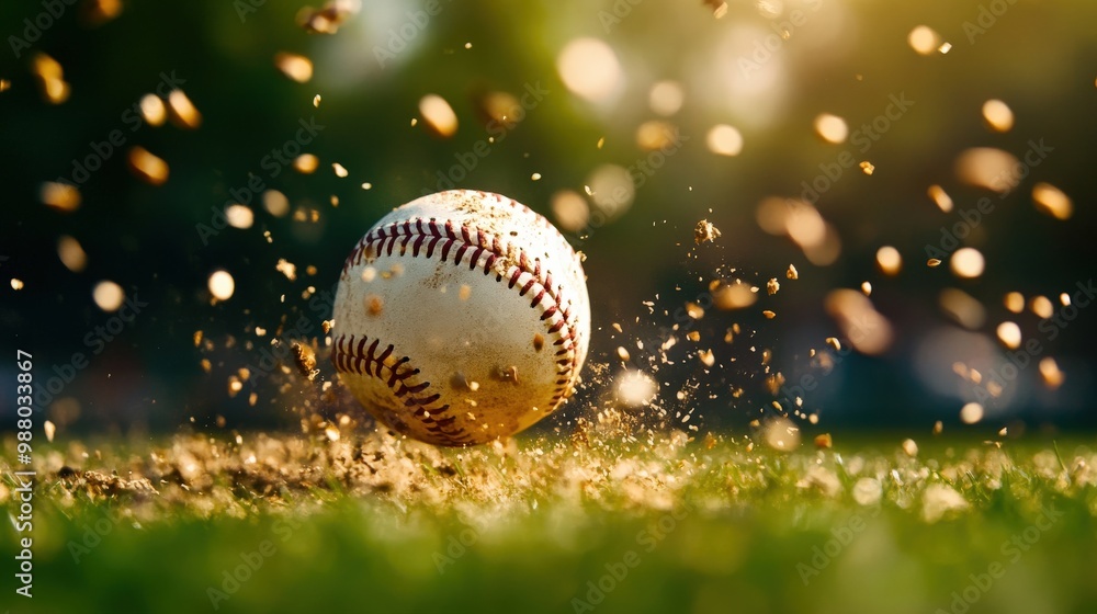 A dynamic shot of a baseball rolling on dirt, creating splashes of dust against a vibrant green background. A dynamic shot of a baseball rolling on dirt, creating splashes of dust against a vibrant green background.