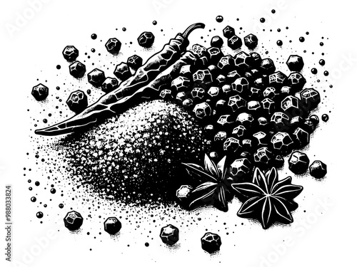 Spice for cooking. Detailed black and white. Recipe and nutrition concept. Vector, generative ai.