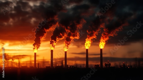 A dramatic sunset silhouetting smokestacks emitting dark plumes, symbolizing industrial pollution and environmental impact.