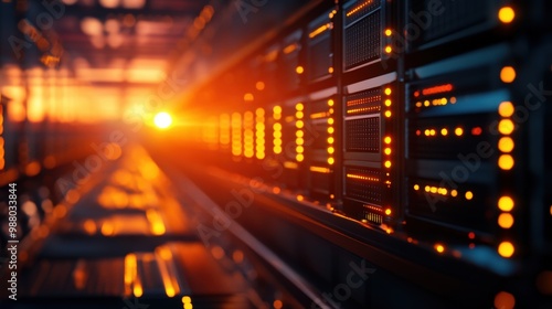 A dynamic view of a server room illuminated by sunset rays, showcasing technology and vibrant lights in a modern data center.