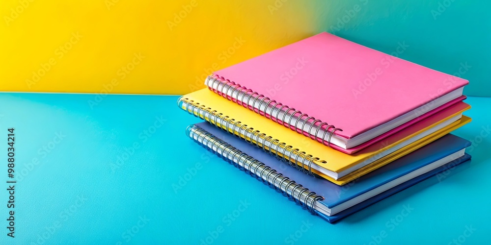 Fototapeta premium Colorful notebooks stacked on blue-yellow surface beside pink-blue cover for office supplies