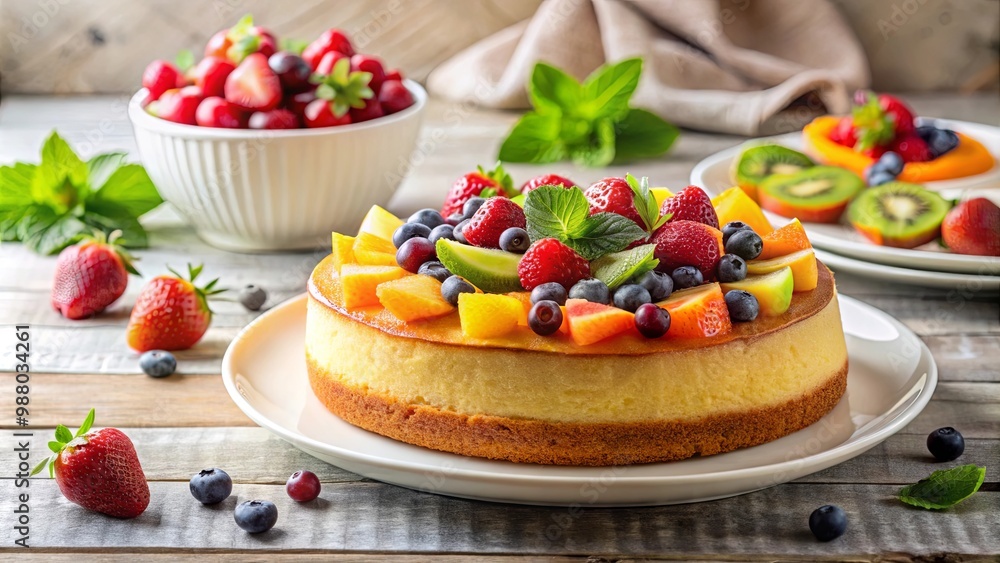 Delicious fruit topped cake on plate with fruit bowl in background Delicious fruit topped cake on plate with fruit bowl in background