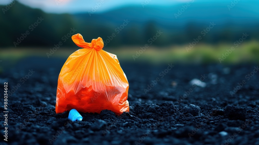 A vibrant orange garbage bag sits on dark ground, highlighting the issue of litter and waste in natural settings. A vibrant orange garbage bag sits on dark ground, highlighting the issue of litter and waste in natural settings.