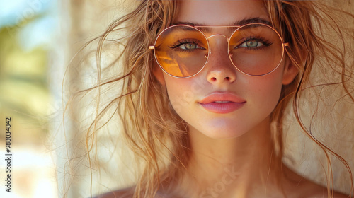 Young woman with blonde hair wearing round sunglasses.