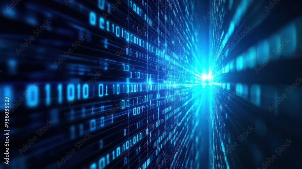 Futuristic data stream with glowing blue binary code illustrating technology, digital transformation, and information flow. Futuristic data stream with glowing blue binary code illustrating technology, digital transformation, and information flow.