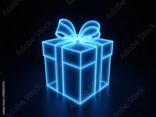3D illustration of blue neon gift box hologram isolated on black background.