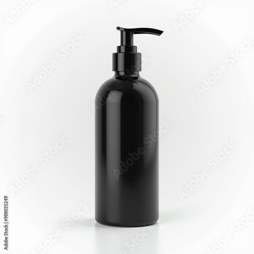 Realistic black bottle with batcher pump, for gel, soap, body wash, lotion, shampoo, on white background.