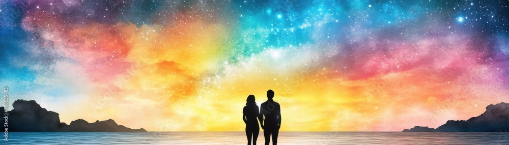Couple standing together against a vibrant cosmic sunset sky with colorful hues and dramatic clouds. Couple standing together against a vibrant cosmic sunset sky with colorful hues and dramatic clouds.