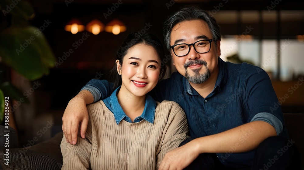 An Asian couple in their thirties sitting on the couch, happy and smiling at the camera, with a modern living room background An Asian couple in their thirties sitting on the couch, happy and smiling at the camera, with a modern living room background
