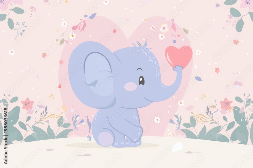 Cute valentine's day elephant with heart and floral background design for cards. AI Cute valentine's day elephant with heart and floral background design for cards. AI
