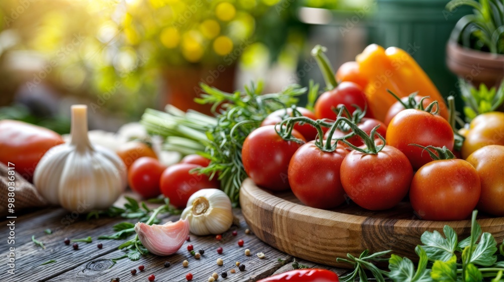 A vibrant assortment of fresh vegetables, including tomatoes and garlic, arranged on a wooden table outdoors, bathed in soft sunlight... A vibrant assortment of fresh vegetables, including tomatoes and garlic, arranged on a wooden table outdoors, bathed in soft sunlight...