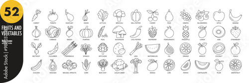 Fruits and vegetables editable stroke thin line icons set, outline icons collection. Tomato, cucumber, onion, pumpkin, pepper, avocado, pear, plum, potato, apple, pear, strawberry, vector illustration