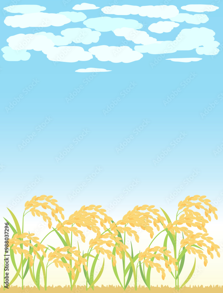 Obraz premium 青空と稲・稲穂の秋の背景イラスト 縦型バージョン