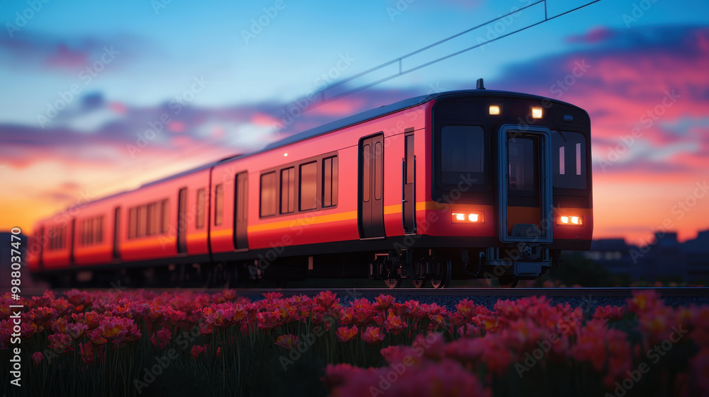 Fototapeta premium A striking sunset reflects on a train traveling through a vibrant landscape adorned with flowers, creating a beautiful, serene scene.