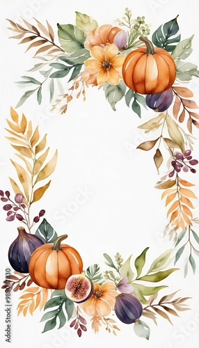bouquet illustration colorful fig frame flora pumpkin tropical dding festive watercolor wreath harvest stationery card autumn thanksgiving vegetable arrangement fall fall boho fruit greeting