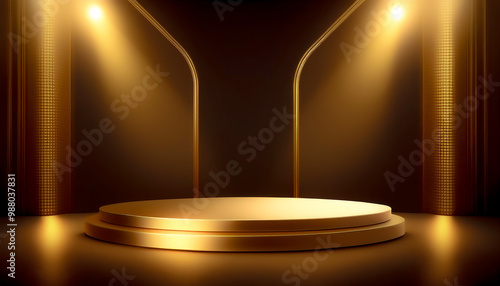 Product display presentation on luxury gold empty podium stand with shiny particles glamor to showcase stage advertising for cosmetics and beauty. Shining scene. Beautiful background. Generative AI