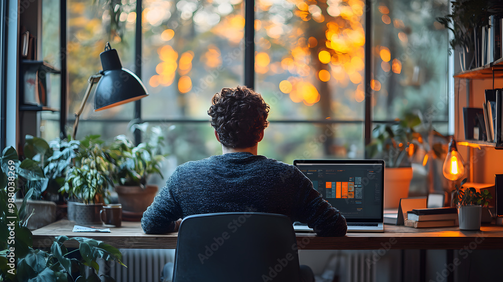 A person working at a desk, surrounded by plants and warm light, enjoying a tranquil evening while focused on their laptop. A person working at a desk, surrounded by plants and warm light, enjoying a tranquil evening while focused on their laptop.