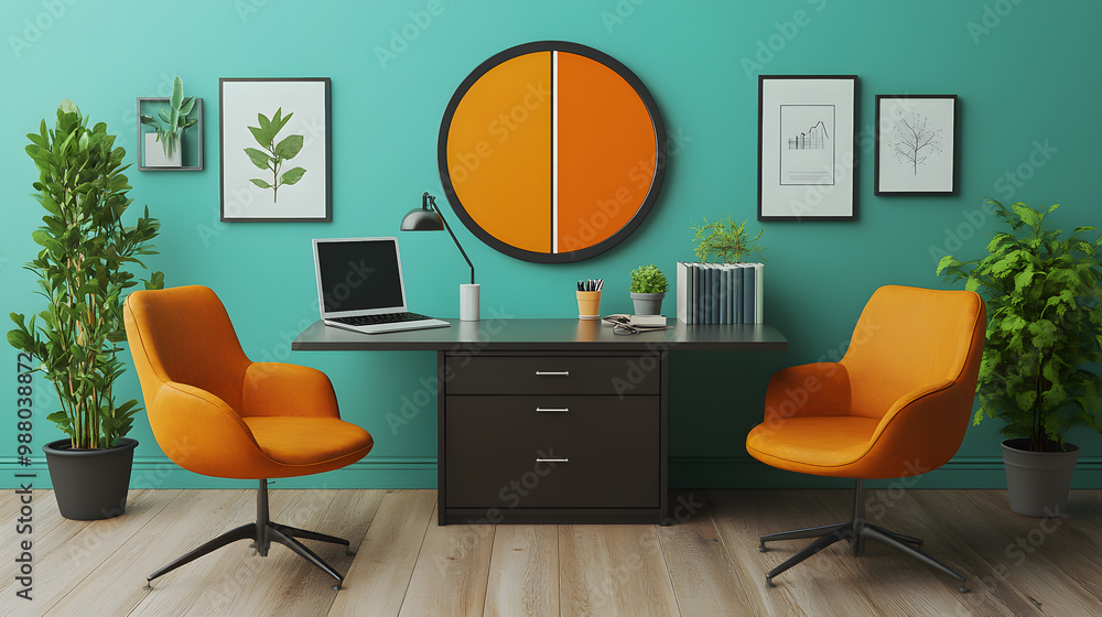 Modern office space with orange chairs, a stylish desk, and plant accents, creating a vibrant and inspiring work environment. Modern office space with orange chairs, a stylish desk, and plant accents, creating a vibrant and inspiring work environment.