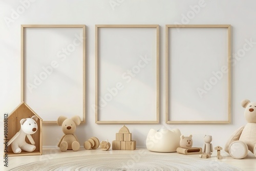 Three empty vertical wooden picture frames mockup on a nursery wall. Blank frames template in a children's room interior with toys.