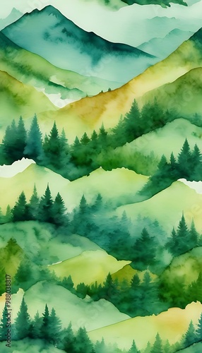 watercolor nature pattern travel seamless nountain green landascape forest scandinavian illustration mountains  scandinavian northern wood pine mountain landscape seamless spruce foggy hiking photo