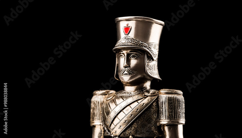 General doll, captain, great, crest, red, copper, uniform, metal, tin, brass, old, figurine, toy, black background, close-up