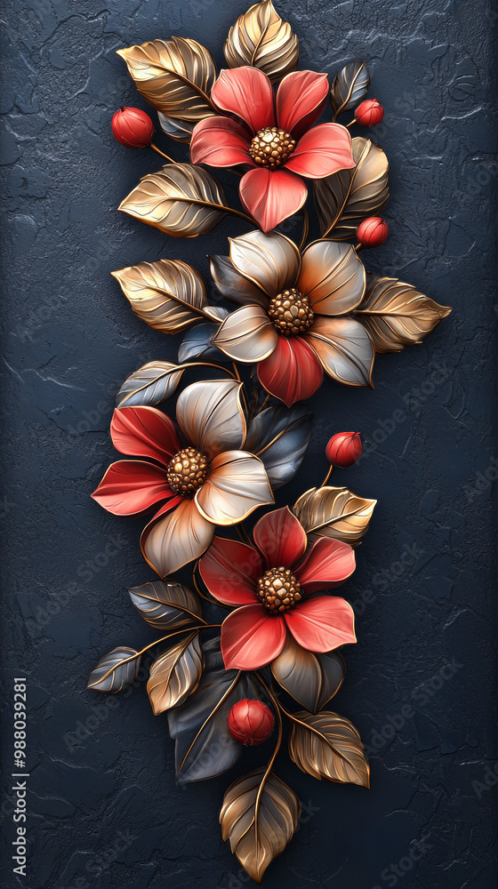 Fototapeta premium Red and gold flowers on a dark background