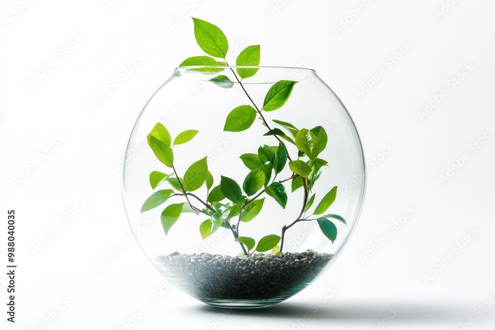 Branch with leaves in a glass terrarium on solid white background, single object Branch with leaves in a glass terrarium on solid white background, single object