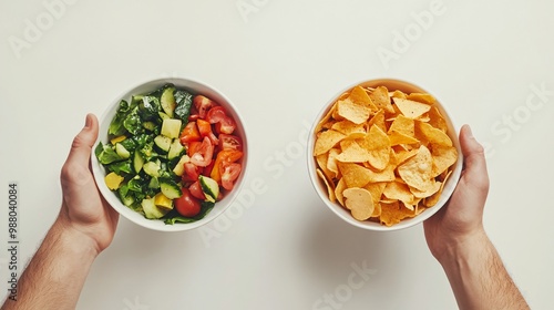 A contrast between healthy and unhealthy food choices: fresh vegetable salad and chips